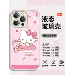 適用蘋果14promax凱蒂貓手機殼液態玻璃HelloKitty全包防摔iPhone15pro高級可愛時尚13pro男女款15潮牌手機殼
