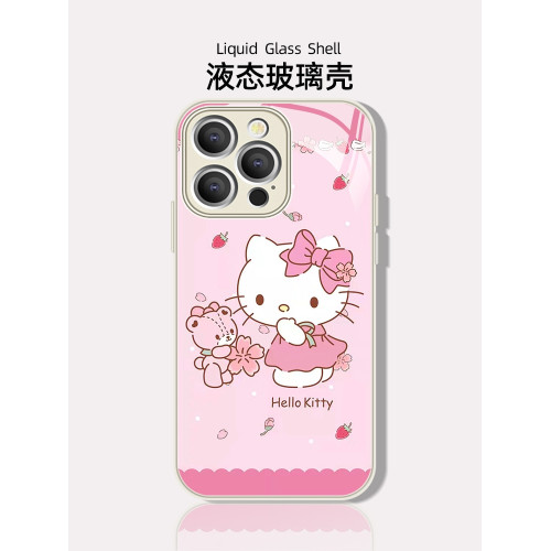 適用蘋果14promax凱蒂貓手機殼液態玻璃HelloKitty全包防摔iPhone15pro高級可愛時尚13pro男女款15潮牌手機殼