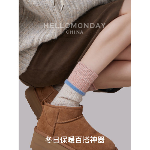 素人工作室春鞦條紋撞色羊毛襪子女中筒襪點子紗加厚保暖堆堆長襪