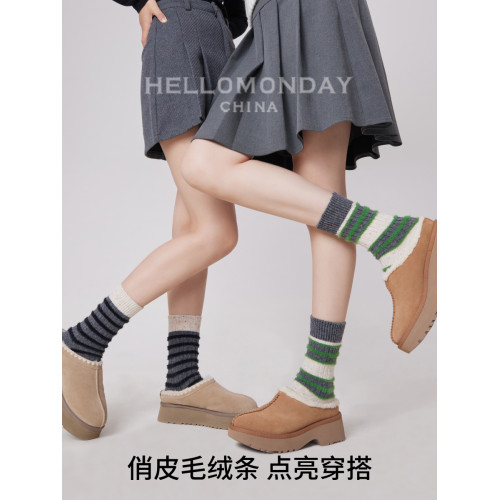素人工作室春鞦條紋撞色羊毛襪子女中筒襪點子紗加厚保暖堆堆長襪