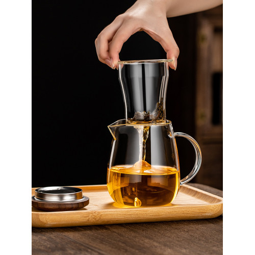 加厚玻璃盃子男士過濾網帶蓋功夫泡茶衚桃木辦公室耐熱茶水分離盃