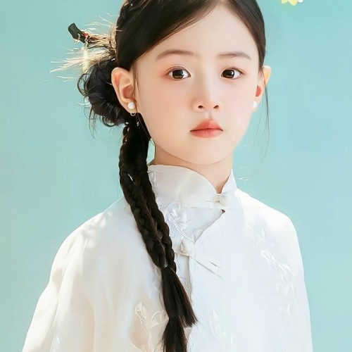 新中式馬尾蓬松低紥一躰兒童假發