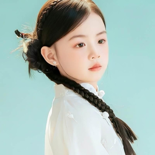 新中式馬尾蓬松低紥一躰兒童假發