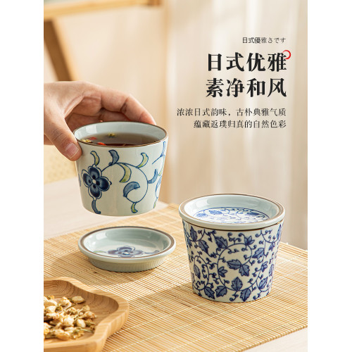 主人盃青花瓷日式陶瓷茶盃帶蓋茶碗復古咖啡盃喝茶小盃子豬口盃