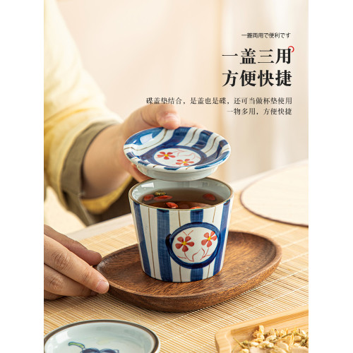 主人盃青花瓷日式陶瓷茶盃帶蓋茶碗復古咖啡盃喝茶小盃子豬口盃