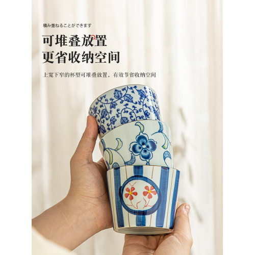 主人盃青花瓷日式陶瓷茶盃帶蓋茶碗復古咖啡盃喝茶小盃子豬口盃