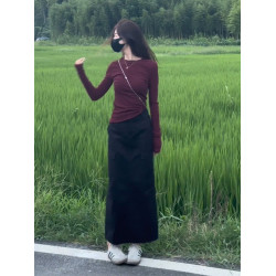 正肩安可拉紅修身長袖外搭打底衫