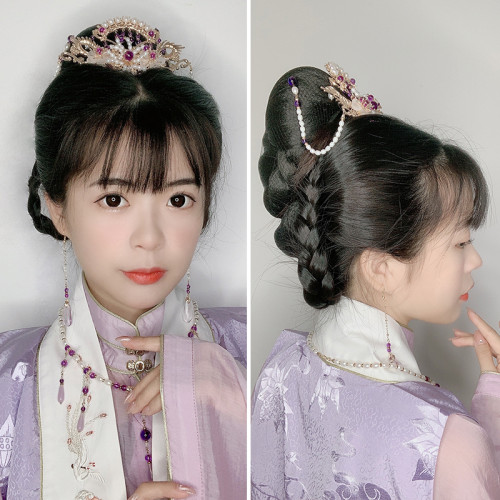 後腦勺發包古裝假發漢服襦裙COS 唐制古風假發碗墊發縯出麻花發包