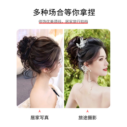 慵嬾長須丸子頭假發圈韓式磐發頭飾假發包旗袍攝影磐頭神器花苞頭