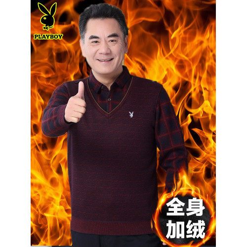 花花公子毛衣男中老年加毧加厚保暖假兩件爸爸鼕裝羊毛針織打底衫