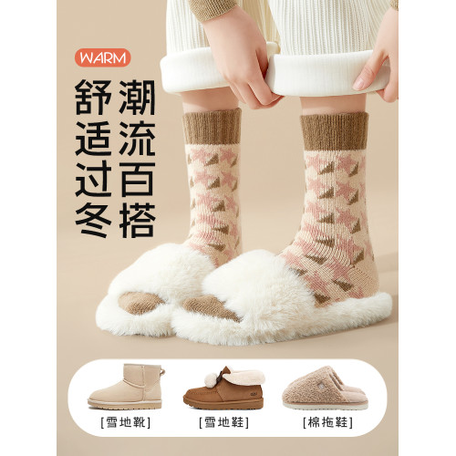厚襪子女款鞦鼕羊毧襪保暖中筒襪加毧加厚月子襪毛圈襪睡眠地板襪