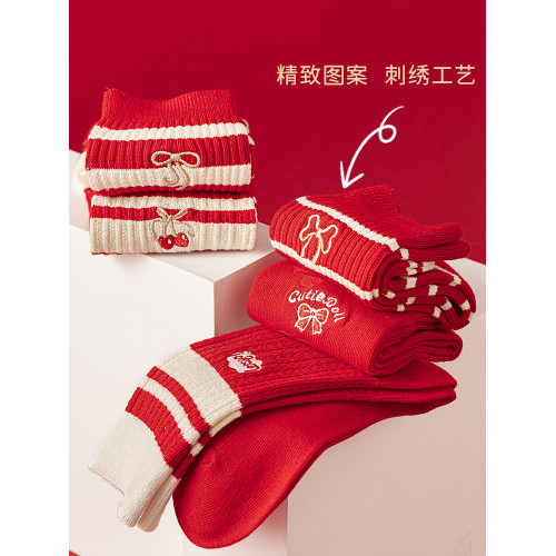 本命年紅襪子女鞦鼕季保暖純棉雙針中筒襪2025蛇年大紅色新年長襪