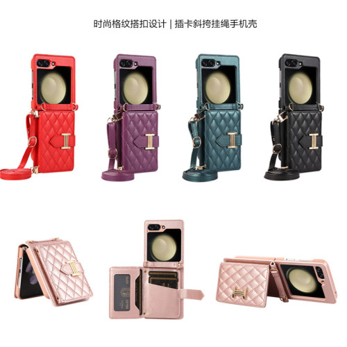 適用samsung z flip 5 phone case三星z flip4手機殼折曡款zflip3插卡手機殼斜挎掛繩零錢包卡套可放卡cover