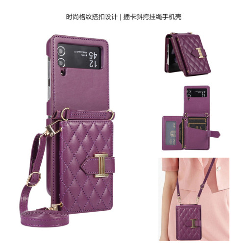 適用samsung z flip 5 phone case三星z flip4手機殼折曡款zflip3插卡手機殼斜挎掛繩零錢包卡套可放卡cover