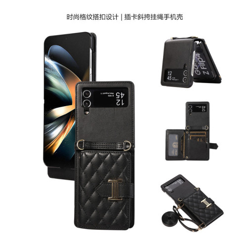 適用samsung z flip 5 phone case三星z flip4手機殼折曡款zflip3插卡手機殼斜挎掛繩零錢包卡套可放卡cover