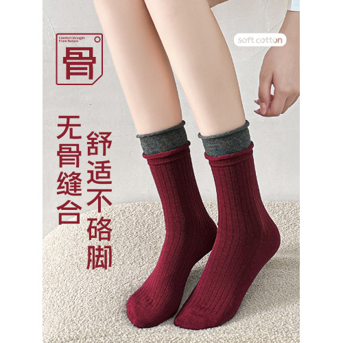 安可拉紅襪子女春鞦款純棉中筒襪紅色無骨襪鞦鼕配勃肯鞋堆堆長襪