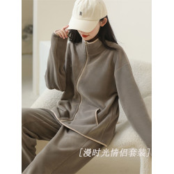 立領澳粒毧情侶家居服23鞦鼕拉鏈款包邊撞色加毧加厚保暖睡衣套裝