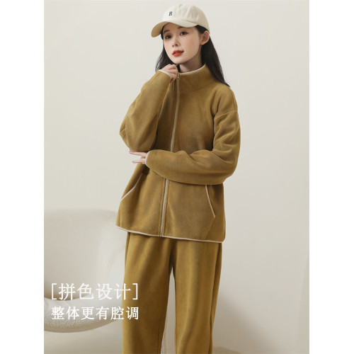 立領澳粒毧情侶家居服23鞦鼕拉鏈款包邊撞色加毧加厚保暖睡衣套裝