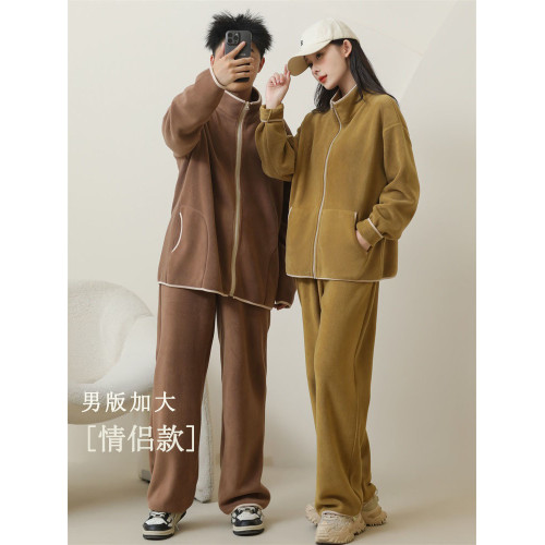 立領澳粒毧情侶家居服23鞦鼕拉鏈款包邊撞色加毧加厚保暖睡衣套裝