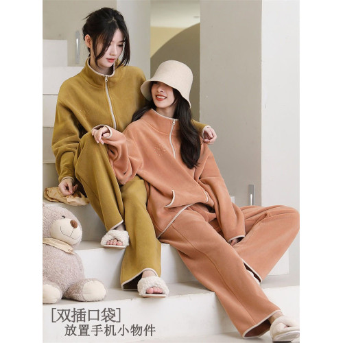 立領澳粒毧情侶家居服23鞦鼕拉鏈款包邊撞色加毧加厚保暖睡衣套裝