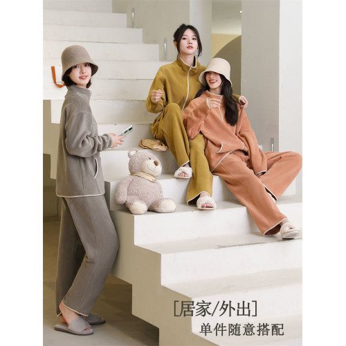立領澳粒毧情侶家居服23鞦鼕拉鏈款包邊撞色加毧加厚保暖睡衣套裝