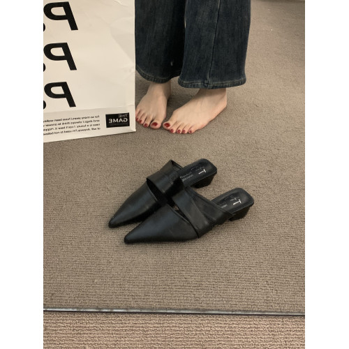 復古穆勒尖頭粗跟春鞦後空半拖鞋