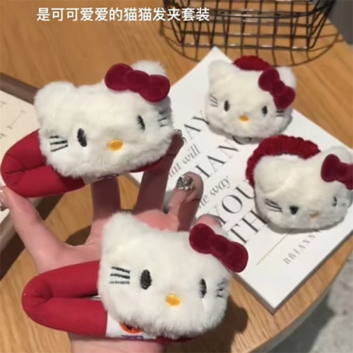 可愛紅kt貓掰掰夾發圈毛毧HelloKitty蝴蝶結發夾少女BB夾劉海洗臉