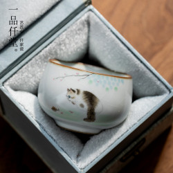 一品仟堂汝窰可愛貓羅漢主人盃個人盃陶瓷開片汝瓷茶盃家用主人盃