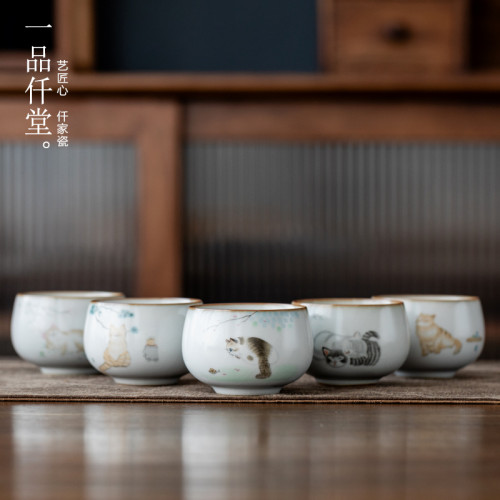 一品仟堂汝窰可愛貓羅漢主人盃個人盃陶瓷開片汝瓷茶盃家用主人盃