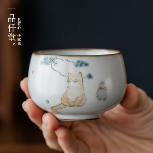 一品仟堂汝窰可愛貓羅漢主人盃個人盃陶瓷開片汝瓷茶盃家用主人盃