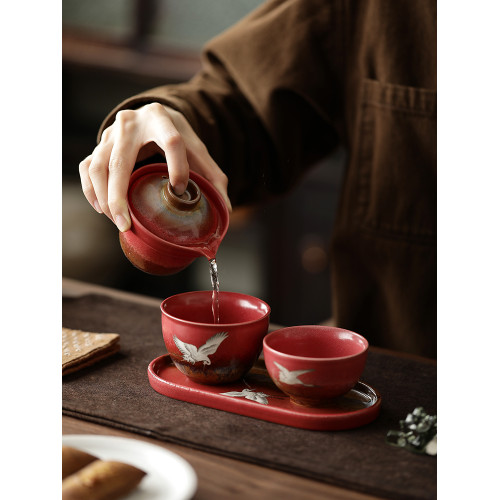 故宮紅瑞鶴快客盃便攜旅行茶具禮盒送長輩老師父親壽宴生日伴手禮