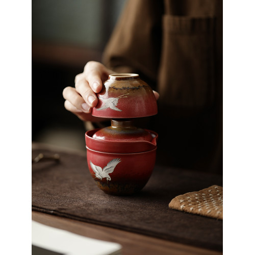 故宮紅瑞鶴快客盃便攜旅行茶具禮盒送長輩老師父親壽宴生日伴手禮