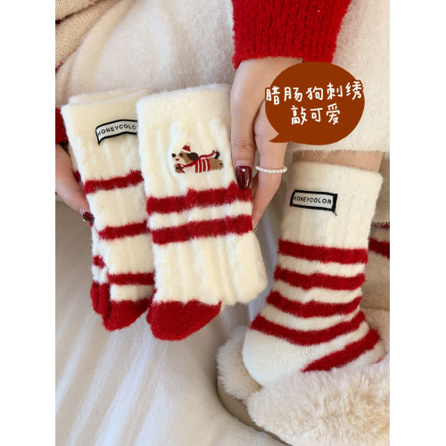 本命年紅襪子女鞦鼕款加厚加毧保暖澳毧蛇年新年佈標毛毧鼕天長襪