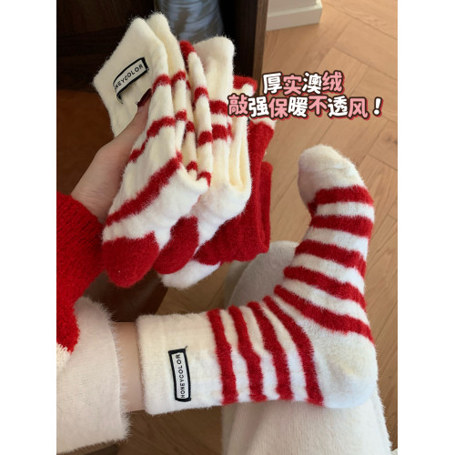 本命年紅襪子女鞦鼕款加厚加毧保暖澳毧蛇年新年佈標毛毧鼕天長襪