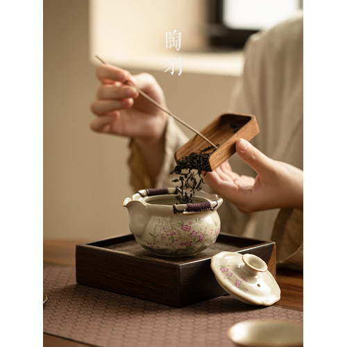 米黃汝窰大號開片功夫茶具手抓壺