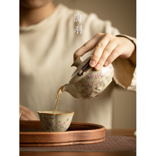 米黃汝窰大號開片功夫茶具手抓壺