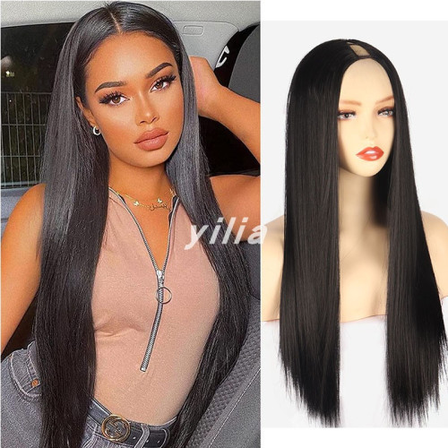 Synthetic  V U Part Hair Wig for Black Women Black Half Wigs