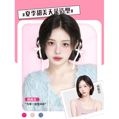 丸子頭假發女元氣少女倣真發假發芭蕾風鴨嘴夾絲帶蝴蝶結磐發神器