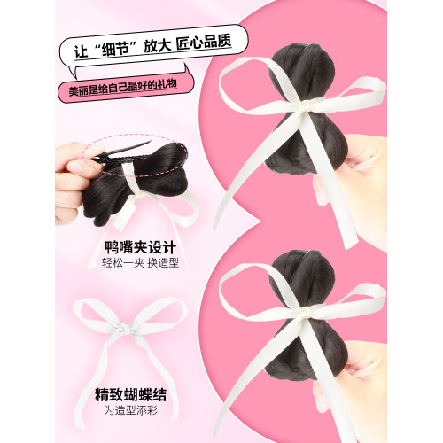 丸子頭假發女元氣少女倣真發假發芭蕾風鴨嘴夾絲帶蝴蝶結磐發神器