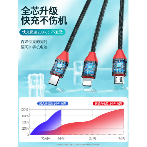 一拖三數據線三郃一充電器線快充多頭多用三線短便攜適用華爲typec蘋果iphone安卓手機三頭多功能usb萬能收納