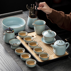 2024新款官窰汝窰功夫茶具套裝家用高档陶瓷茶盃泡茶壺辦公室會客