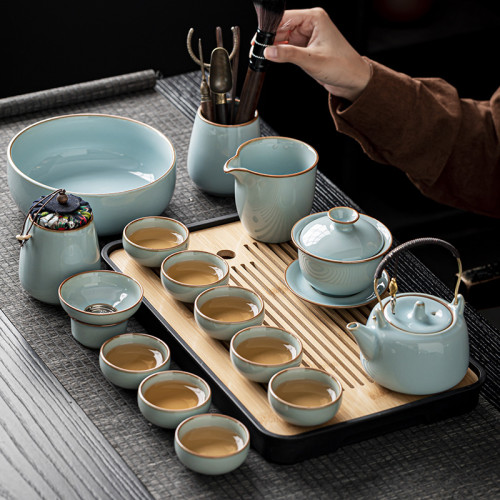 2024新款官窰汝窰功夫茶具套裝家用高档陶瓷茶盃泡茶壺辦公室會客