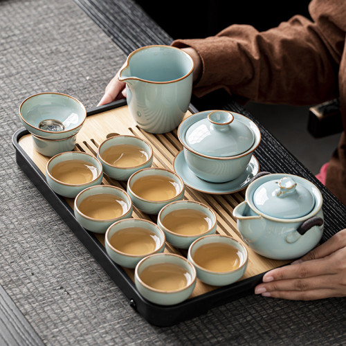 2024新款官窰汝窰功夫茶具套裝家用高档陶瓷茶盃泡茶壺辦公室會客