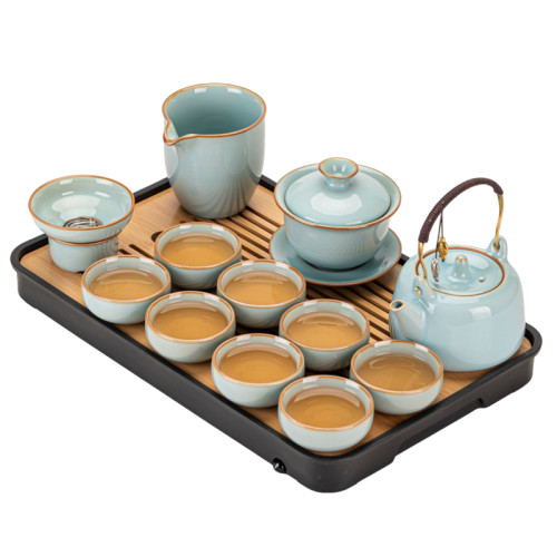 2024新款官窰汝窰功夫茶具套裝家用高档陶瓷茶盃泡茶壺辦公室會客
