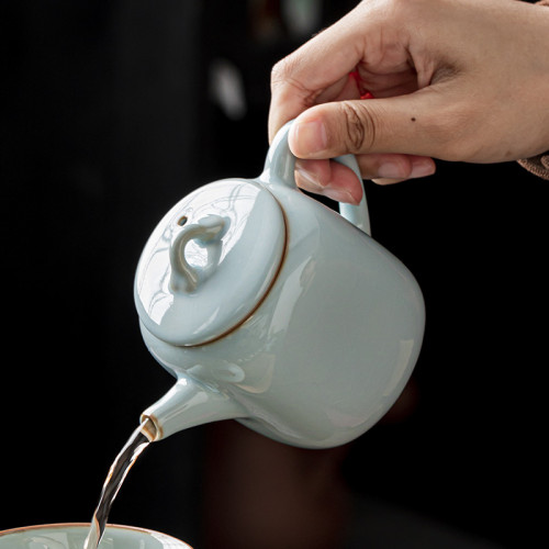 2024新款官窰汝窰功夫茶具套裝家用高档陶瓷茶盃泡茶壺辦公室會客