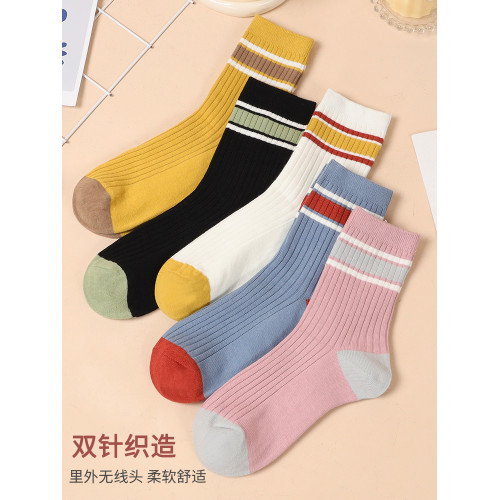 鞦季加厚女中筒襪保暖厚實雙針襪子吸汗不臭腳不掉色條紋休閑襪子