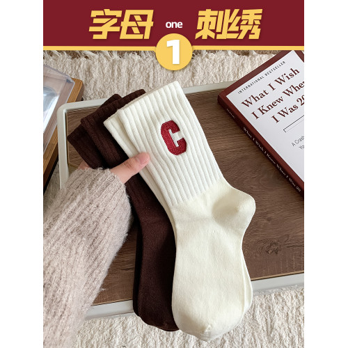 安可拉紅襪子女款鞦鼕季中筒純棉全棉防臭2024新款爆款C字母運動