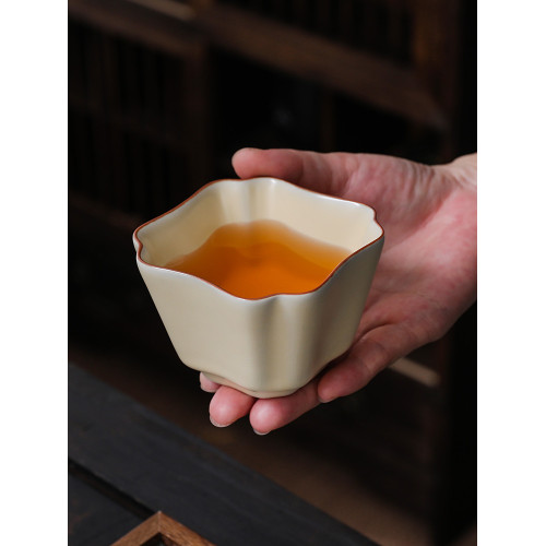 汝窰四方聚財茶盃八方來財主人盃陶瓷功夫茶具家用茶盞盃子