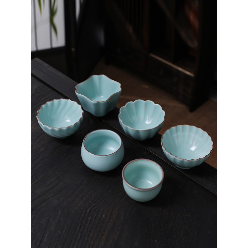 汝窰四方聚財茶盃八方來財主人盃陶瓷功夫茶具家用茶盞盃子