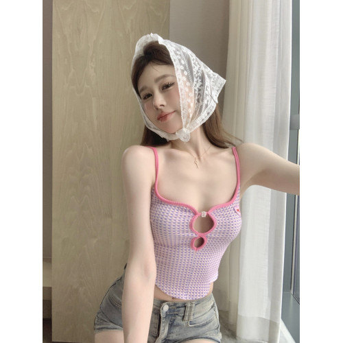 撞色格紋吊帶夏季修身鏤空刺綉